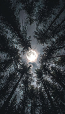 An upward perspective captures a full moon shining brightly through silhouetted tree branches. The monochrome palette accentuates the contrast between the dark forest canopy and the illuminated moon. The composition suggests an outdoor, nighttime environment with the potential for editorial or design usage.の素材