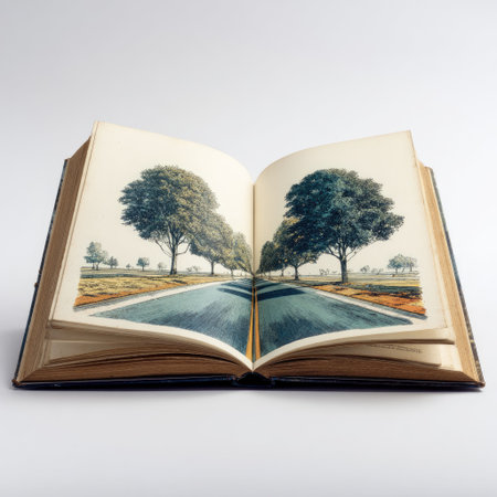 An open book displays an illustration of a road flanked by trees, set against a white backdrop. The composition features a symmetrical design with vibrant colors, emphasizing the visual contrast between the pages. Suitable for educational materials, design projects, and concepts relating to reading.の素材
