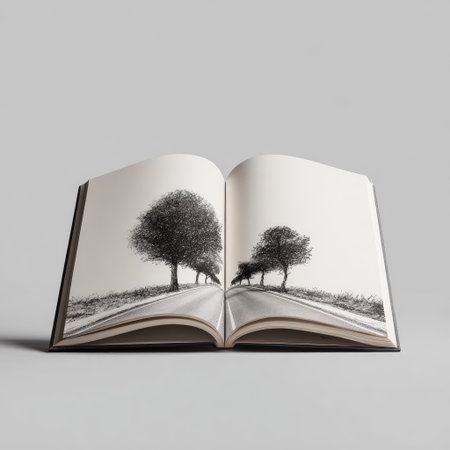An open book displays a pencil-like illustration of a road flanked by trees on a hill. The artwork, in grayscale, evokes a sense of journey and nature. The composition features soft lighting and a minimalist style. Suitable for editorial use, the image is versatile for various creative applications.の素材
