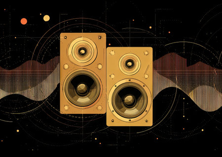 Two vintage-style speakers are depicted against a dark backdrop, creating a sense of auditory artistry. The image features a blend of gold and brown tones, accompanied by an abstract sound wave illustration. This graphic is suitable for projects related to music, technology, or artistic expression.の素材