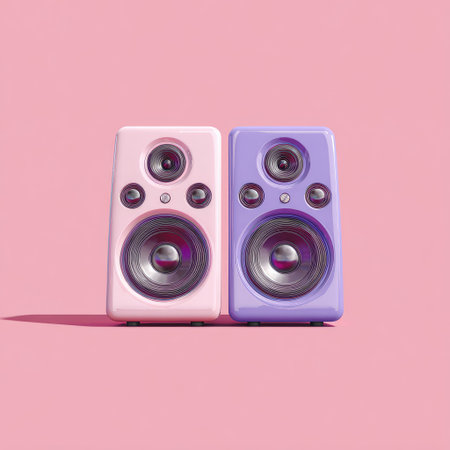 Two speakers sit side by side against a soft pink backdrop. The speakers, one pink and one purple, have a glossy finish. This studio shot showcases a minimalist composition with diffused lighting. It is suitable for commercial designs or creative projects relating to audio and sound systems.の素材