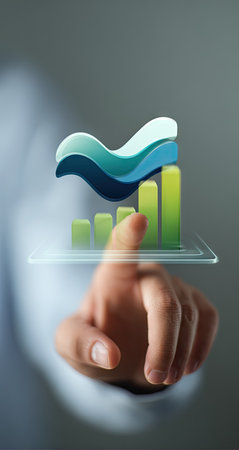 A person's hand interacts with a digital financial chart. The image features a 3D bar graph with ascending green columns. A stylized wave element floats above. The composition emphasizes a futuristic concept, possibly relating to finance or technology. Suitable for use in presentations, articles, and various commercial projects.の素材