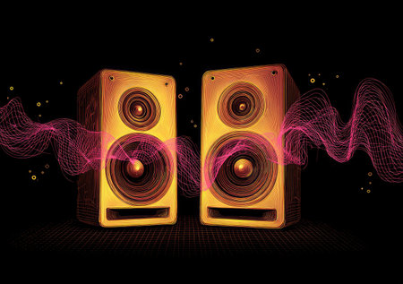 Two golden speakers are depicted against a dark backdrop, generating vibrant pink audio waves. The illustration highlights the musical theme with a stylized digital art aesthetic. This image might be suitable for promotional materials, websites, or editorial content related to music and sound technology.の素材