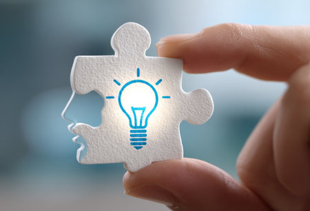 A person's hand holds a puzzle piece featuring a lightbulb design representing an idea or solution. The image showcases a close-up with soft focus, featuring white and blue hues, and suggesting a concept of innovation and problem-solving. This image may be used for marketing, educational content, or illustrative purposes.の素材