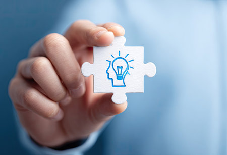 A person's hand holds a white puzzle piece featuring a lightbulb design within a head silhouette. The image displays a clean, minimalist style against a soft blue background. This composition uses a shallow depth of field, emphasizing the central element. It is suitable for commercial and editorial purposes, highlighting concepts of problem-solving and brainstorming.の素材