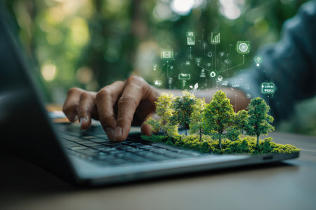 A person's hand is seen interacting with a laptop, accompanied by miniature trees and digital icons. The image features lush green foliage and bokeh lighting, with a shallow depth of field. This composition evokes themes of technology, nature, and innovation, suitable for various editorial and commercial applications.の素材