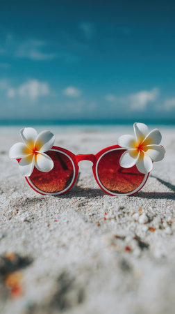 A pair of red sunglasses with white and yellow flowers is resting on a sandy surface. The image displays a bright, sunny scene with a shallow depth of field, focusing on the sunglasses. The composition is simple, with clear colors and textures, suggesting potential use in travel, fashion, or lifestyle themes.の素材