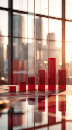A digital bar graph graphic prominently displays in red against a blurred background. The reflective surface adds depth, while the cityscape suggests a modern business setting. This composition, with its warm lighting, could be suitable for illustrating financial data or business presentations and various commercial projects.の素材