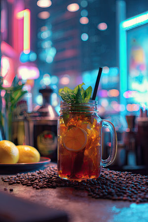 A close-up shot showcases an iced tea beverage in a mason jar. The drink features a slice of citrus and fresh mint. The composition uses selective focus, highlighting the glass against a blurred background of a bar. This image could be used for promoting food, drinks or culinary content.の素材