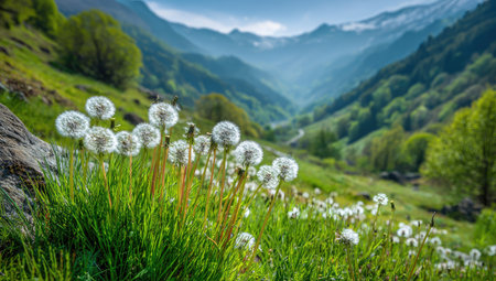 A scenic vista reveals a verdant mountain valley adorned with fluffy dandelions in the foreground. Rolling hills, dense trees, and a clear blue sky create a sense of depth. Soft natural lighting enhances the beauty of this tranquil environment, suitable for various editorial and promotional purposes.の素材