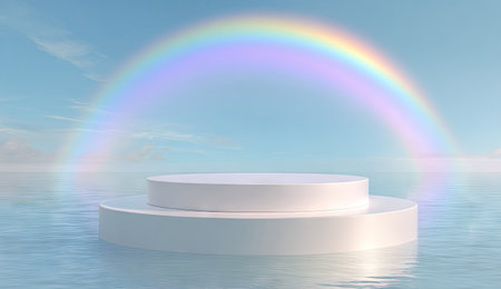 A pristine white pedestal floats serenely on water, framed by a vivid rainbow arching across a clear, blue sky. The composition emphasizes simplicity and a sense of calm. The scene, bathed in soft light, suggests an ethereal setting, suitable for various promotional or artistic purposes.の素材