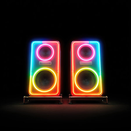Two neon speakers are presented against a stark black background. The speakers glow with vibrant colors including blue, pink, yellow, and orange. The image showcases a modern aesthetic, with clean lines and strong contrast. Potential uses include advertising, music-related projects, and design elements.の素材
