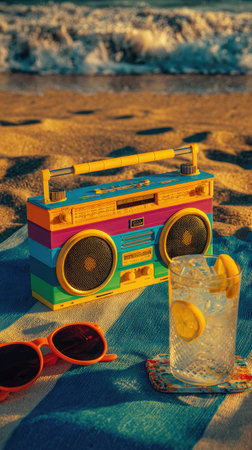 A vibrant image showcases a colorful vintage boombox, a refreshing beverage with ice and lemon, and a pair of sunglasses resting on a striped beach towel. The scene is illuminated by warm sunlight, suggesting a pleasant outdoor setting. The composition could be used for lifestyle, leisure, or promotional content.の素材