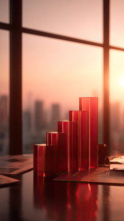 A close-up view presents a red bar graph on a reflective surface. The image highlights the bars against a blurry city skyline. Warm sunlight streams through a window, suggesting an office environment. This visual could be used in financial reports or presentations, and other commercial contexts.の素材