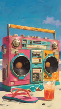 A vibrant illustration showcases a classic boombox on a sandy beach, accompanied by sunglasses, flip-flops, and a refreshing beverage. The artwork features bright colors, flat design, and a sunny atmosphere. It's suitable for various design projects, including travel promotions and leisure-themed editorial content.の素材