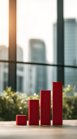 The image features four red blocks of varying heights arranged in ascending order, signifying progress. The blocks are positioned on a wooden surface with a blurred cityscape visible through a window behind them. The composition utilizes natural lighting, suggesting a bright day, and could be utilized for various financial or business-related themes.の素材