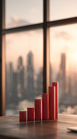 A close-up view presents a red bar graph on a wooden surface against a blurred cityscape backdrop. The bars ascend in height indicating growth. Warm lighting suggests an indoor setting, possibly during sunrise or sunset. This image suits various commercial applications, including financial reports, business presentations, or educational materials.の素材