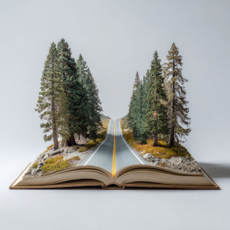 An open book reveals a miniature landscape featuring a road winding through a forest of trees. The scene showcases a combination of green, brown, and yellow tones under diffused lighting. The image evokes a sense of journey and storytelling, suitable for various editorial and promotional purposes.の素材