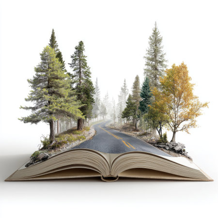 An open book displays a road winding through a verdant forest. Towering trees flank the paved path, while hints of mist add depth. The composition utilizes a low-angle perspective, emphasizing the scale of the forest. This illustration could be suitable for editorial or commercial purposes related to travel, nature, or storytelling.の素材