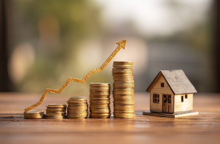 An image displays stacks of coins arranged in increasing height alongside a miniature house. An upward arrow overlays the coin stacks, symbolizing growth. The scene features a shallow depth of field, with the focus on the financial elements, against a blurred background. Suitable for illustrating concepts in finance or real estate.の素材