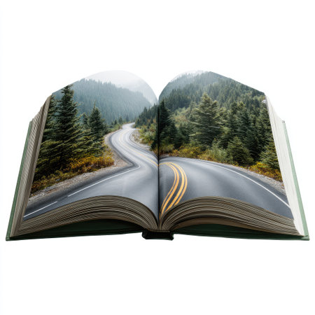 An open book displays a winding road through a dense forest, featuring green trees and a gray road. The image has a vibrant look and feel. This visual may be used for concepts related to travel, nature, or education. The lighting is bright with a clean composition.の素材