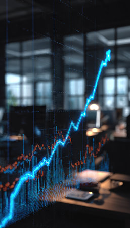 An image displays a glowing blue stock market graph ascending over a desk. The scene features a modern office setting with a blurred background suggesting other office activities. The composition employs a shallow depth of field, emphasizing the graph. The image is suitable for various commercial uses related to finance or investment.の素材