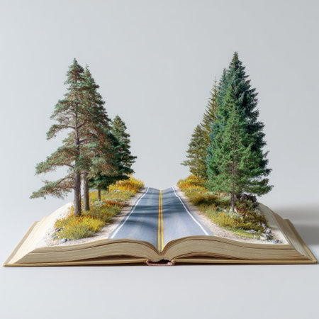 An open book presents a road flanked by trees, suggesting a journey or exploration. The composition highlights the road's path and the surrounding forest in vibrant colors. The overall style is artistic and conceptual, evoking a sense of wonder and escape, potentially suitable for editorial content or commercial projects.の素材