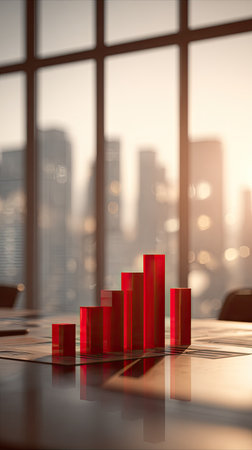 A close-up view displays a red bar graph on a conference table, suggesting financial growth. The bars stand out against a blurred background of a cityscape and large windows. The warm lighting implies a setting in a corporate office during the day, suitable for diverse commercial uses.の素材
