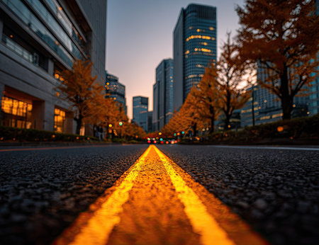 An asphalt road with yellow lines guides the viewer's eye through a modern cityscape. Tall buildings flank the street, and trees with autumnal foliage line the sidewalks. The composition uses a low-angle perspective. Ideal for illustrating urban themes or commercial projects, this image conveys a sense of depth and travel.の素材