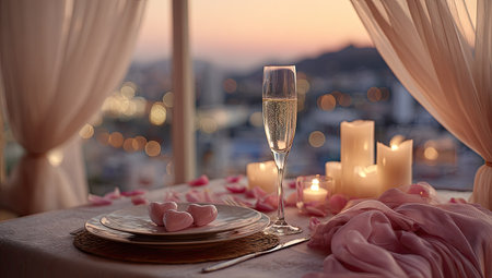An intimate table setting is displayed featuring a champagne glass, lit candles, and rose petals. Soft, warm lighting illuminates the scene, hinting at a celebratory occasion. The composition, showcasing a blurred background of city lights, is suitable for editorial or commercial applications, emphasizing romance and ambiance.の素材