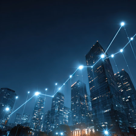 High-angle perspective captures a cityscape with modern skyscrapers. A digital graph extends across the buildings, highlighted against the dark blue sky. The scene is illuminated by glowing lights creating a sophisticated atmosphere. Suitable for use in presentations about business, finance or technology.の素材