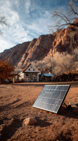 A solar panel stands in the foreground, angled towards the sun, in a dry, outdoor environment. The image features a house and a large mountain in the background under a blue sky. The composition and lighting create a sense of environmental responsibility and renewable energy. Suitable for illustrating sustainability and eco-friendly concepts.の素材