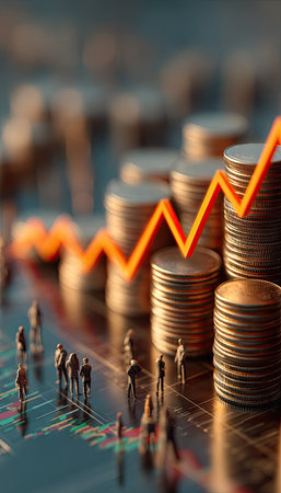 The image features stacked coins alongside an upward-trending orange line, suggesting financial growth. Miniature figures appear in the foreground, with shallow depth of field. The composition utilizes warm tones against a dark background, potentially suitable for presentations about investment or financial progress.の素材