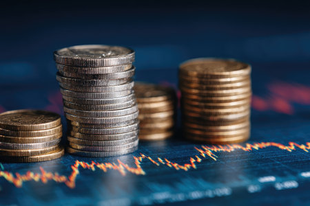 Several stacks of coins are arranged on a surface featuring a blurred financial graph. The composition emphasizes textures and tones, with varied lighting highlighting the metallic surfaces. This imagery could be employed in visuals relating to finance, savings, or investment strategies. The scene gives impression of growth.の素材