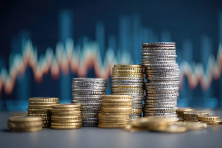 This image features stacks of coins arranged in the foreground. The metallic objects are in focus against a blurred background of a stock market chart. The composition utilizes color and depth, representing financial concepts. It is suitable for articles on economics, business reports, or financial planning materials.の素材