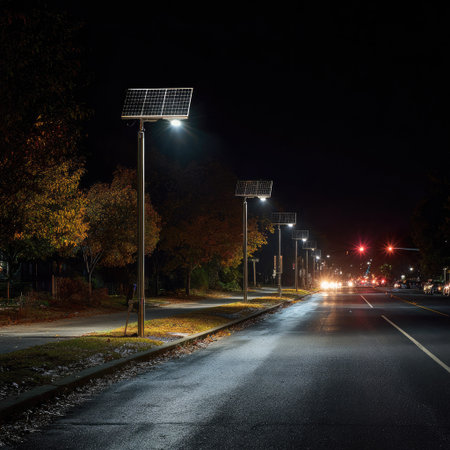 An image showcases solar-powered street lights along a road at night. The composition features a line of lights against a backdrop of darkness. The scene is illuminated by the artificial glow. This image has potential commercial applications.の素材