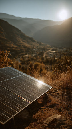 An image showcases a solar panel array positioned on a hillside, emphasizing sustainable energy. The scene reveals a warm, natural palette dominated by earth tones. Sunlight creates a lens flare. This visual is suitable for use in environmental, technology, or renewable energy-themed commercial projects.の素材