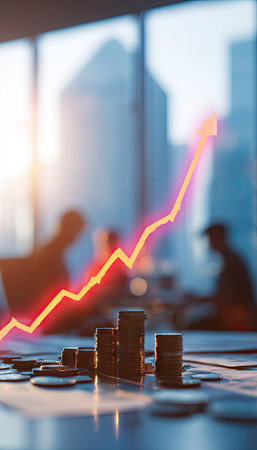 The image shows a stack of coins with a red upward arrow, symbolizing financial progress. The coins rest on a surface in an office setting, with people blurred in the background. The scene incorporates warm colors and soft lighting, ideal for various business and financial presentations.の素材