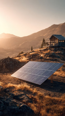 An image showcases a solar panel installation set against a mountainous backdrop with a small cabin. The scene is bathed in warm sunlight, emphasizing the golden hues of the landscape. It appears to be daytime. This image is suitable for various applications related to renewable energy and sustainable living.の素材
