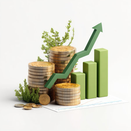 A visual composition features stacks of golden coins alongside a green upward-trending graph, suggesting financial growth. The illustration incorporates green bar graphs and plant elements against a clean white backdrop, creating a simple yet striking design suitable for various commercial uses.の素材