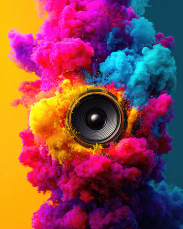 A dark speaker is centered, enveloped by vibrant, multicolored clouds of abstract smoke. The composition features a mix of pink, blue, and yellow hues, with a smooth gradient background. This image is suitable for promotional materials, artistic projects, and visual content related to audio and sound.の素材