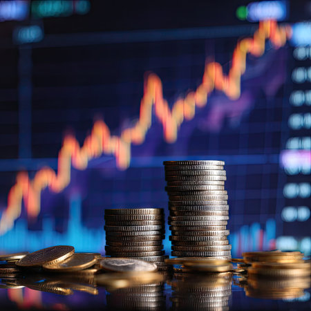 The image showcases stacks of coins in the foreground, contrasted by a blurred background displaying a financial graph. The composition uses a dark color palette. The graph suggests economic fluctuations. Suitable for articles related to finance, business, or economics, as well as presentations on market analysis.の素材