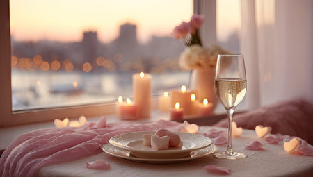 This image showcases a romantic dinner setting, featuring candles, a wine glass, and floral arrangements. The composition includes a plate setting with decorative elements. Soft lighting and pastel colors dominate, suggesting a cozy atmosphere near a window, with a blurred cityscape in the background. Suitable for various editorial and commercial applications.の素材