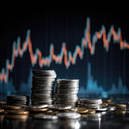 A close-up view displays stacks of coins against a blurred backdrop featuring a financial chart. The composition utilizes shallow depth of field, with sharp focus on the coins, enhanced by selective lighting. It has a dark color palette. The image could be suitable for illustrating financial reports, economic analysis, or investment-related articles.の素材
