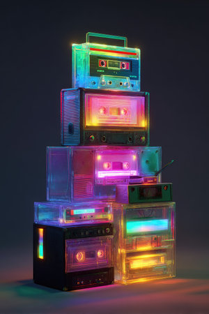 A vibrant composition showcases a stack of retro audio devices, illuminated with neon lighting. The devices, potentially cassette players and radios, exhibit a transparent appearance, allowing the colorful internal lights to shine. The setup appears staged against a dark backdrop, emphasizing the bright, contrasting colors and creating a visually appealing image suitable for various commercial uses.の素材