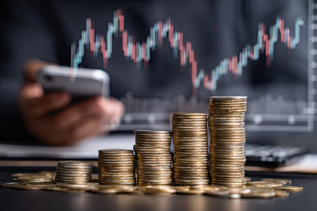 Image features stacks of gold coins in ascending order, set against a blurred background of a financial chart and a person holding a mobile phone. The composition utilizes a shallow depth of field, emphasizing the coins. This image could be used in finance publications or promotional materials.の素材