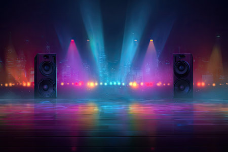 A stage is illuminated by vibrant spotlights in an artistic display. The scene features two speakers positioned on either side with a gradient of colors. The overall aesthetic is digital and vivid, suggesting a dynamic musical performance. Suitable for uses related to entertainment or media.の素材