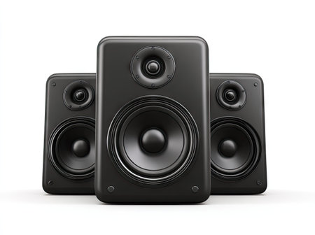Three black speakers are presented against a white background. The speakers exhibit a sleek, modern design with a dark color palette. The composition highlights the front of the devices with a focus on their circular drivers. This image is suitable for presentations on audio technology and equipment.の素材