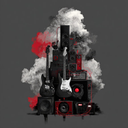 An artistic composition featuring a stack of speakers and amplifiers, with electric guitars prominently displayed. The scene utilizes a dark color palette contrasted by red accents and a smokey cloud effect. This imagery could be used for various projects, including music-related promotions and creative design elements.の素材