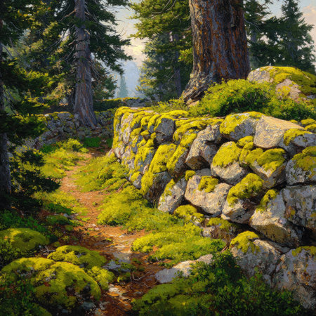A natural landscape displays a weathered stone wall covered in bright green moss. A narrow path winds through the forest, flanked by trees and lush vegetation. The scene is illuminated by daylight, highlighting textures and colors. This image is suitable for various commercial uses, including editorial and promotional content.の素材